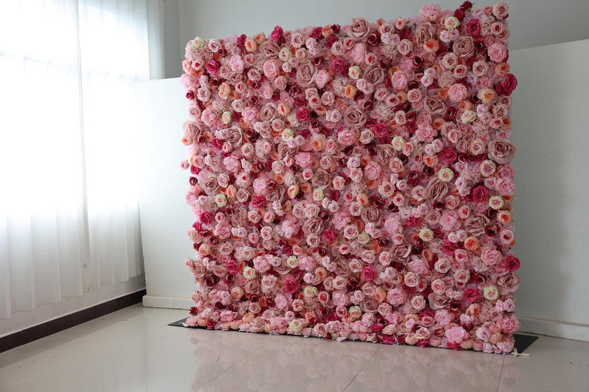 US Seller-5D pink Roses Flower Wall8*8ft - Flower Wall Rolling Up Curtain Wall, flower Fabric Backdrop，Artificial rolling up curtain flower