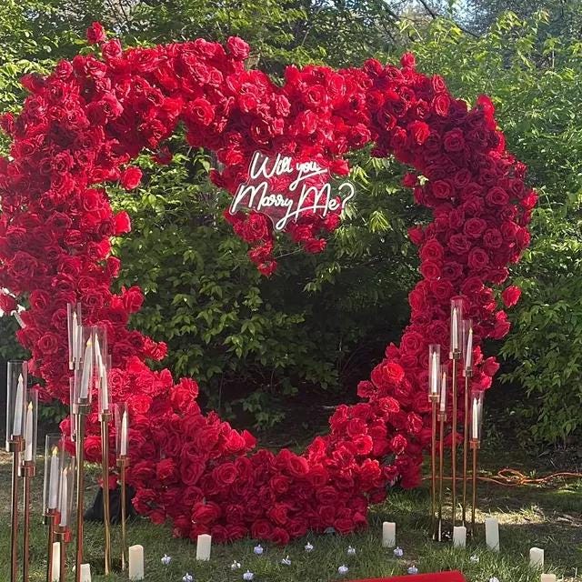 US Seller-(7.2 ft × 7.2 ft)-5D Luxury Red Heart-Shaped Floral Arch– Romantic Wedding Backdrop, Proposal Decoration, Engagement Event Display