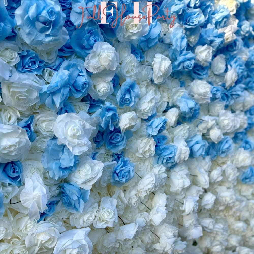 50% Off | Ships from Houston |5D Blue and White Rose Flower Wall  - Flower Wall Rolling Up Curtain Wall, Wedding Party Photo Backdrop