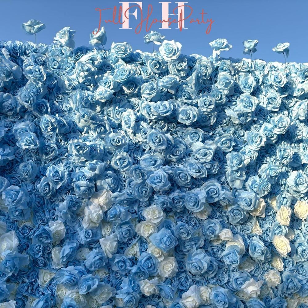 50% Off | Ships from Houston |5D Blue and White Rose Flower Wall  - Flower Wall Rolling Up Curtain Wall, Wedding Party Photo Backdrop
