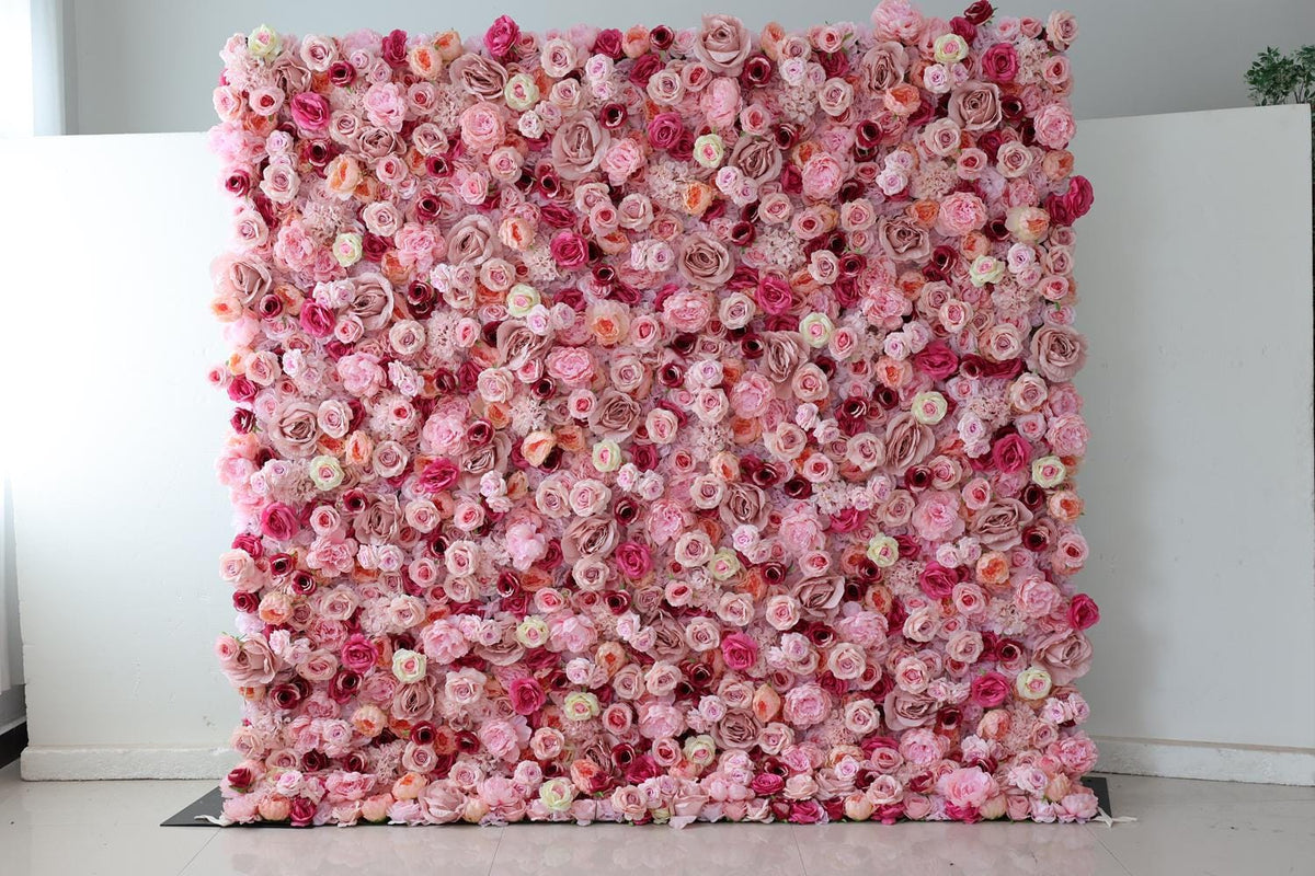 US Stock | Ships from USA | 5D Pink Roses Flower Wall 8x8ft, Rolling Up Curtain Fabric Backdrop, Artificial Flower Wall for Wedding Decor