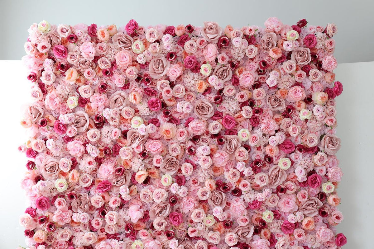 US Stock | Ships from USA | 5D Pink Roses Flower Wall 8x8ft, Rolling Up Curtain Fabric Backdrop, Artificial Flower Wall for Wedding Decor