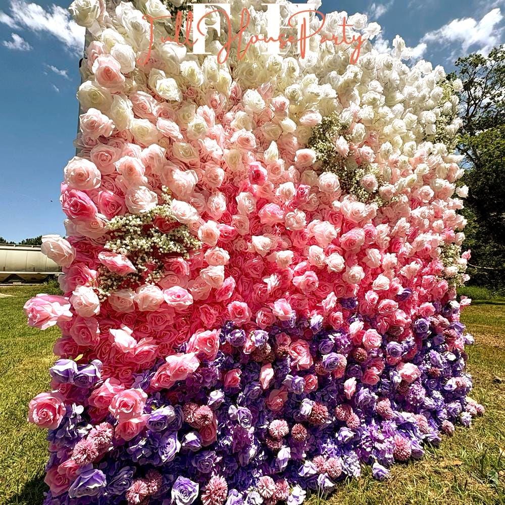 US Seller---5D Pink and Purple Rose Flower Wall (8x8 ft) - Roll-Up Curtain Style Fabric Flower Wall for Wedding Party Photo Backdrop