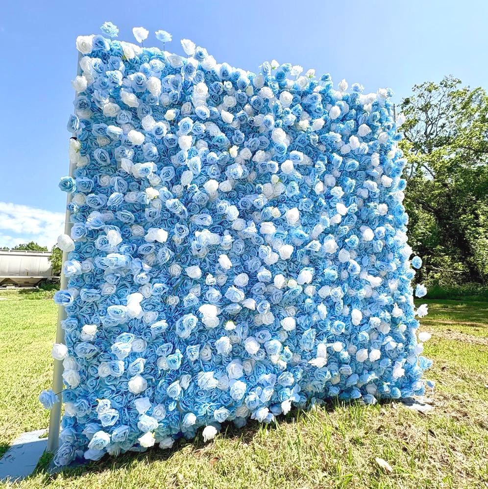 US seller--5D Blue and White Rose Flower Wall  - Flower Wall Rolling Up Curtain Wall, Fabric Flower Wall, Wedding Party Photo Backdrop