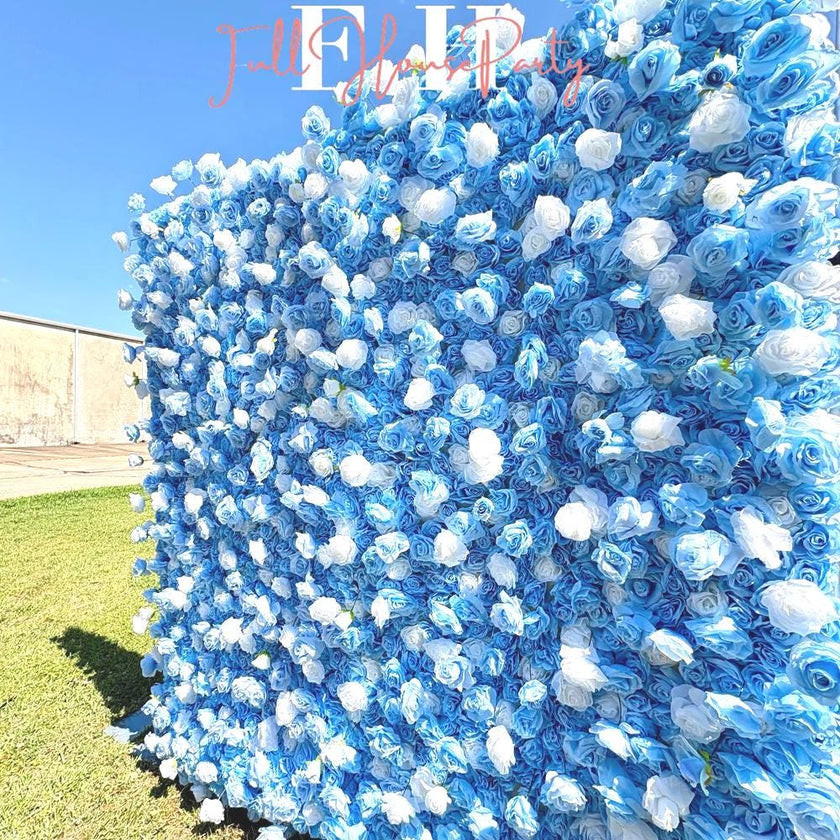 US seller--5D Blue and White Rose Flower Wall  - Flower Wall Rolling Up Curtain Wall, Fabric Flower Wall, Wedding Party Photo Backdrop