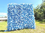 US seller--5D Blue and White Rose Flower Wall  - Flower Wall Rolling Up Curtain Wall, Fabric Flower Wall, Wedding Party Photo Backdrop