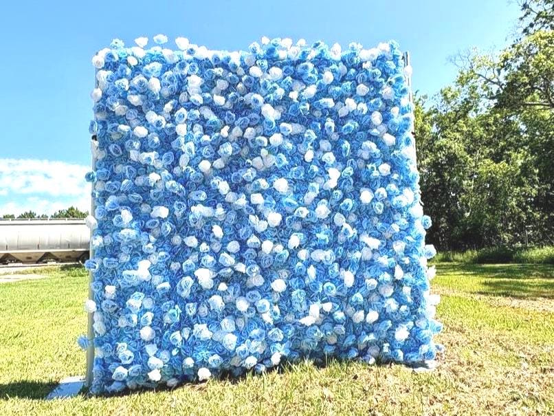US seller--5D Blue and White Rose Flower Wall  - Flower Wall Rolling Up Curtain Wall, Fabric Flower Wall, Wedding Party Photo Backdrop
