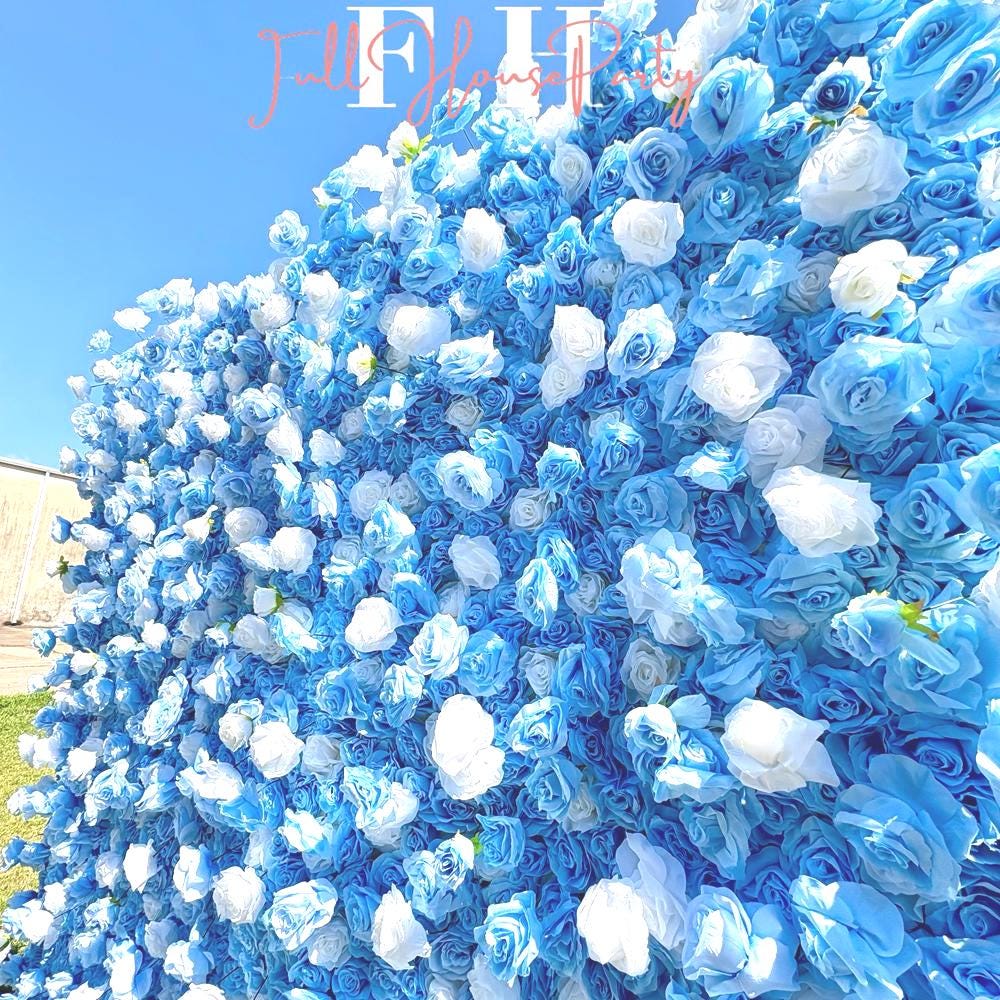50% Off | Ships from Houston|5D Blue and White Rose Fabric Flower Wall  - Flower Wall Rolling Up Curtain Wall, Wedding Party Photo Backdrop
