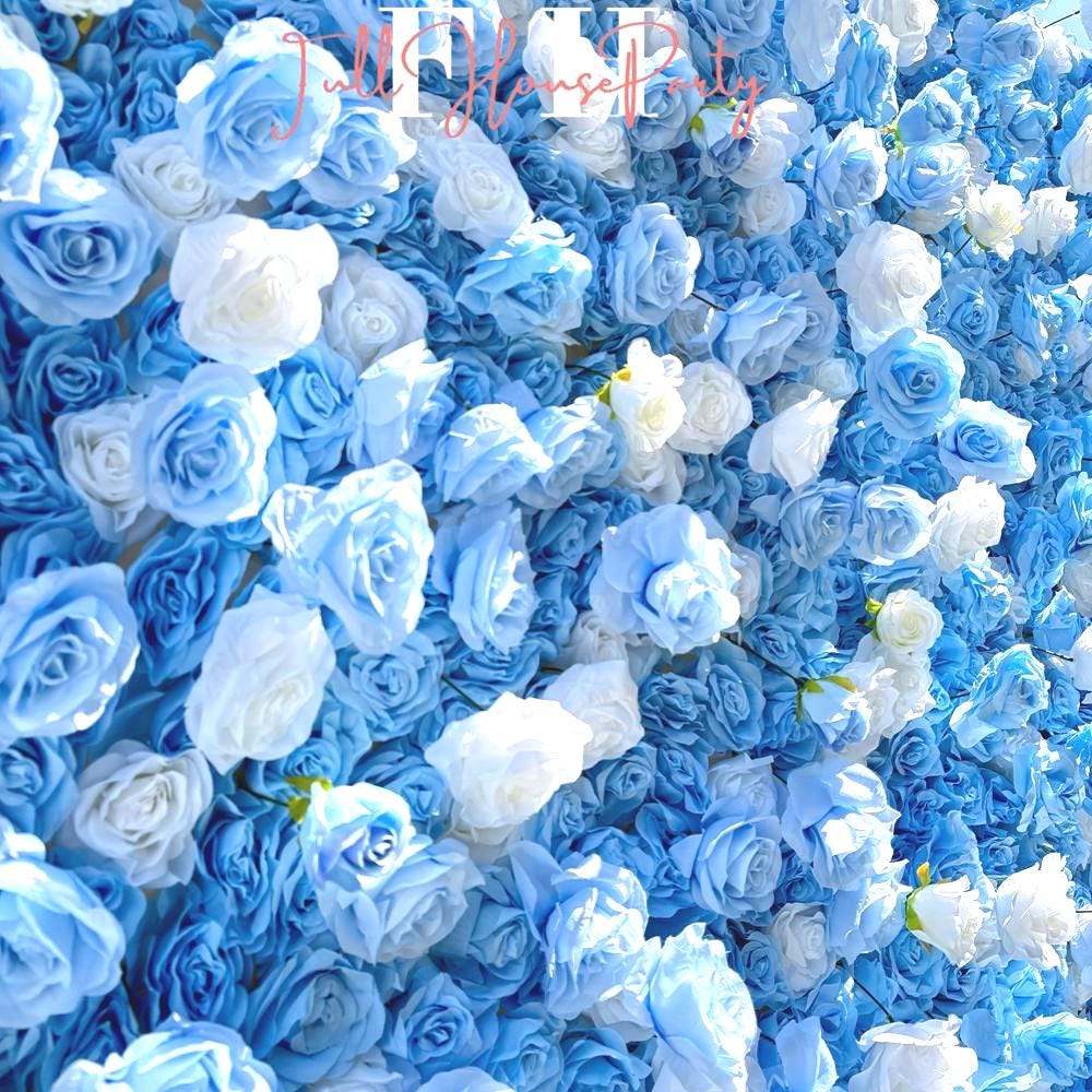 50% Off | Ships from Houston|5D Blue and White Rose Fabric Flower Wall  - Flower Wall Rolling Up Curtain Wall, Wedding Party Photo Backdrop