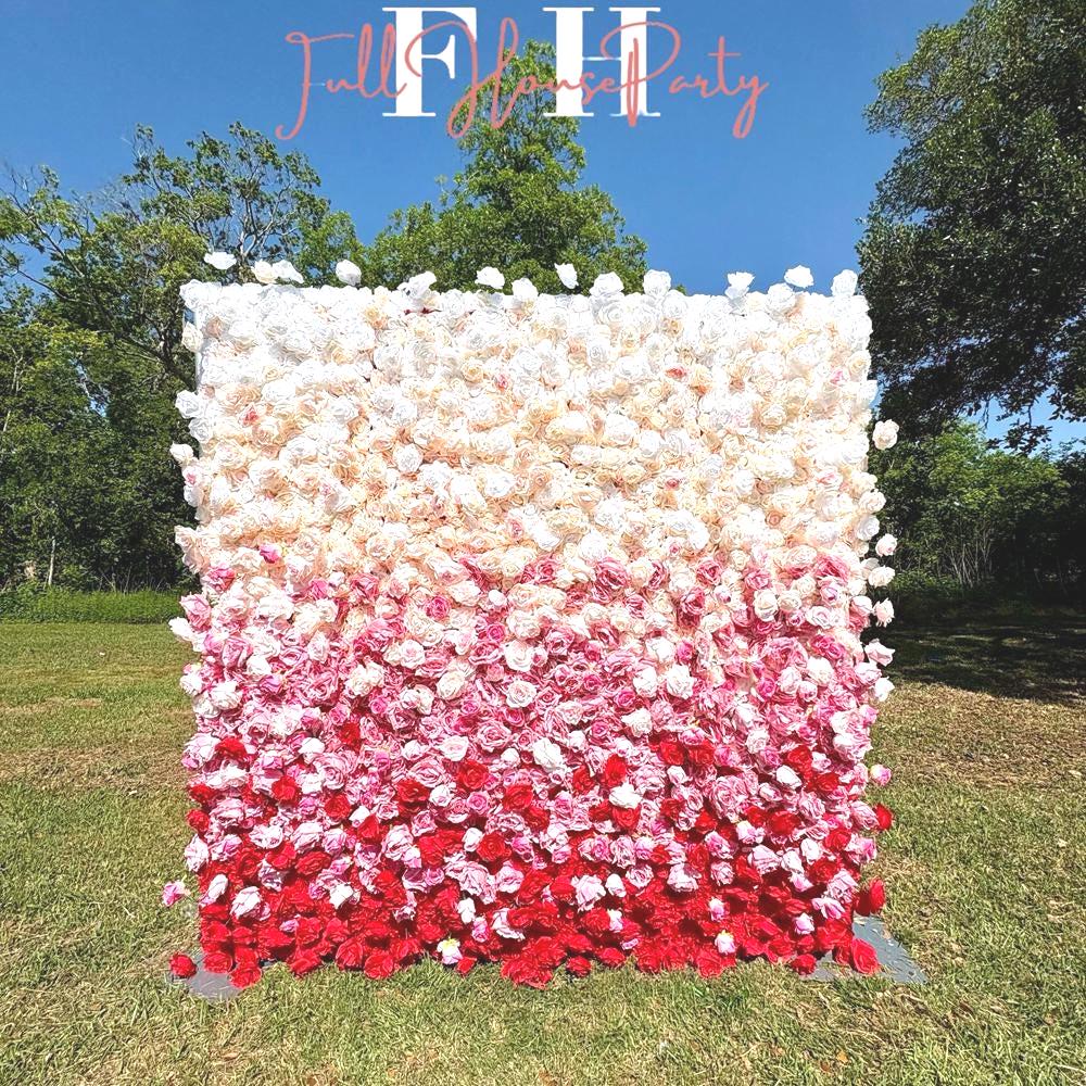 US Seller---5D Gradient Red Rose Flower Wall (8x8 ft) - Roll-Up Curtain Style Fabric Flower Wall for Wedding Party Photo Backdrop.
