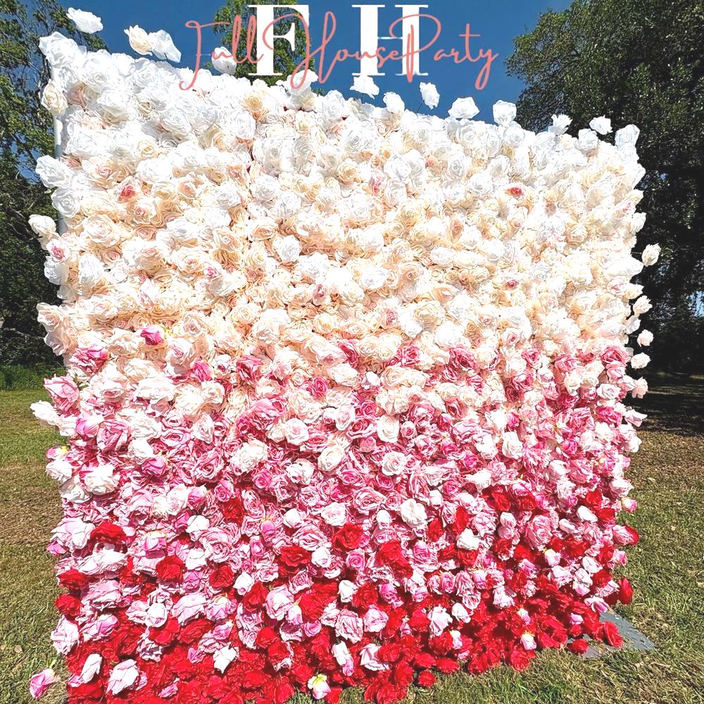 US Seller---5D Gradient Red Rose Flower Wall (8x8 ft) - Roll-Up Curtain Style Fabric Flower Wall for Wedding Party Photo Backdrop.