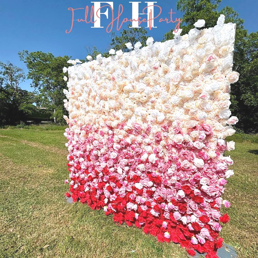 US Seller---5D Gradient Red Rose Flower Wall (8x8 ft) - Roll-Up Curtain Style Fabric Flower Wall for Wedding Party Photo Backdrop.