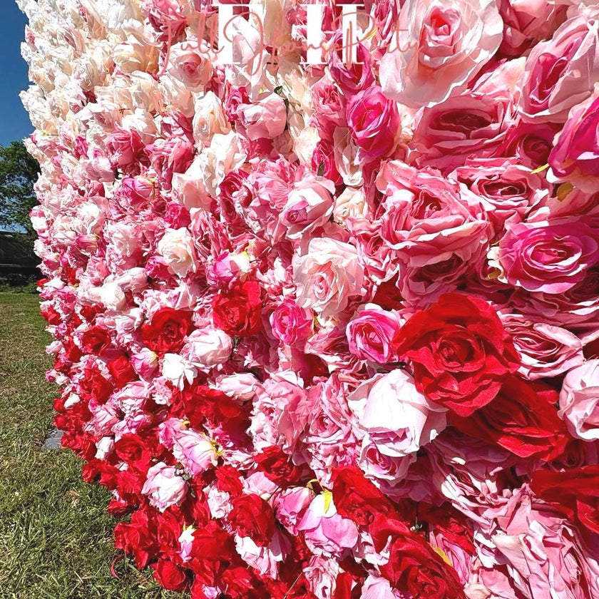 US Seller---5D Gradient Red Rose Flower Wall (8x8 ft) - Roll-Up Curtain Style Fabric Flower Wall for Wedding Party Photo Backdrop.