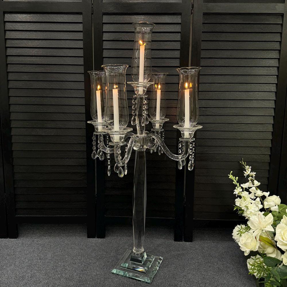Tall Clear Crystal Candle Holder with Glass Hurricane Tube - Wedding Centerpiece