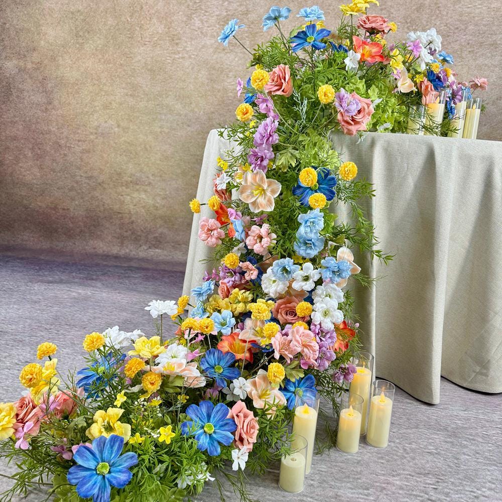 US Seller----Wildflower-Inspired Spring Wedding Artificial Floral, Table Flower Runner, Rustic Flower Row ,Flower Row for Wedding Aisle