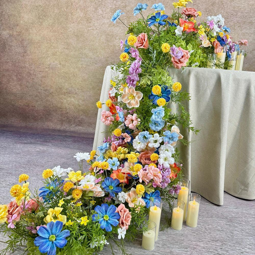 US Seller----Wildflower-Inspired Spring Wedding Artificial Floral, Table Flower Runner, Rustic Flower Row ,Flower Row for Wedding Aisle