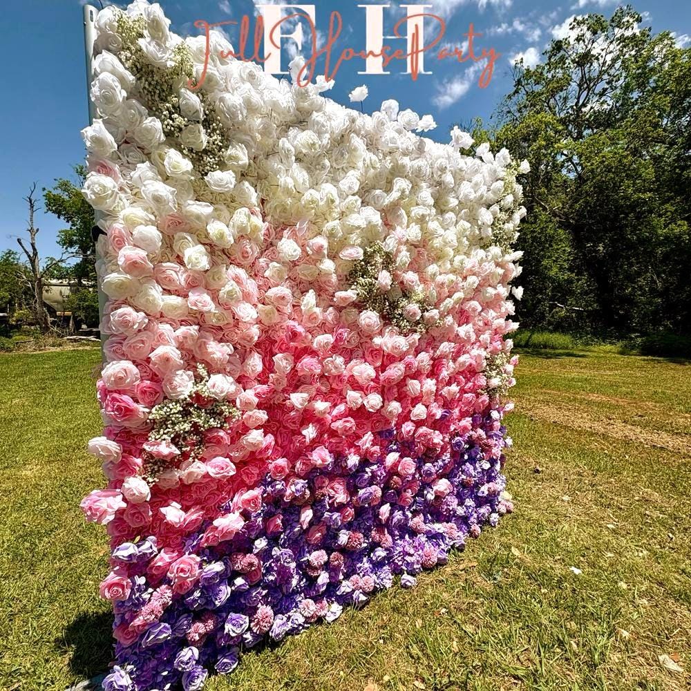 US Seller---5D Pink and Purple Rose Flower Wall (8x8 ft) - Roll-Up Curtain Style Fabric Flower Wall for Wedding Party Photo Backdrop