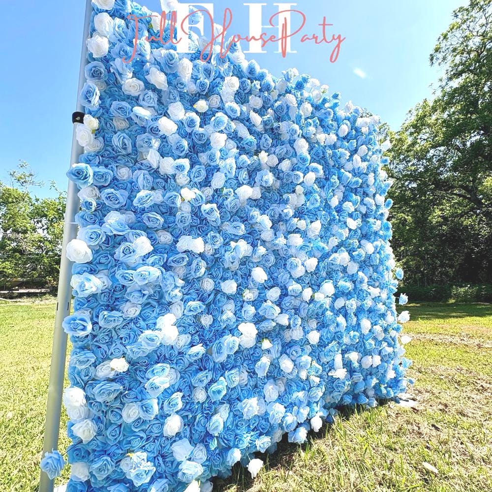 US seller--5D Blue and White Rose Flower Wall  - Flower Wall Rolling Up Curtain Wall, Fabric Flower Wall, Wedding Party Photo Backdrop