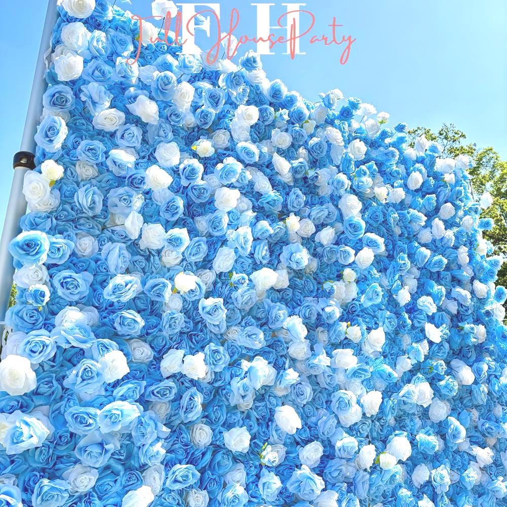 50% Off | Ships from Houston|5D Blue and White Rose Fabric Flower Wall  - Flower Wall Rolling Up Curtain Wall, Wedding Party Photo Backdrop