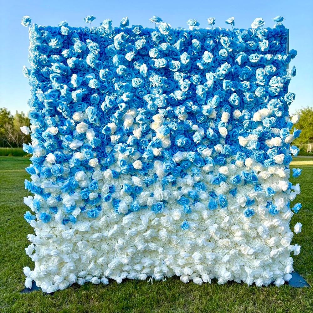 50% Off | Ships from Houston |5D Blue and White Rose Flower Wall  - Flower Wall Rolling Up Curtain Wall, Wedding Party Photo Backdrop