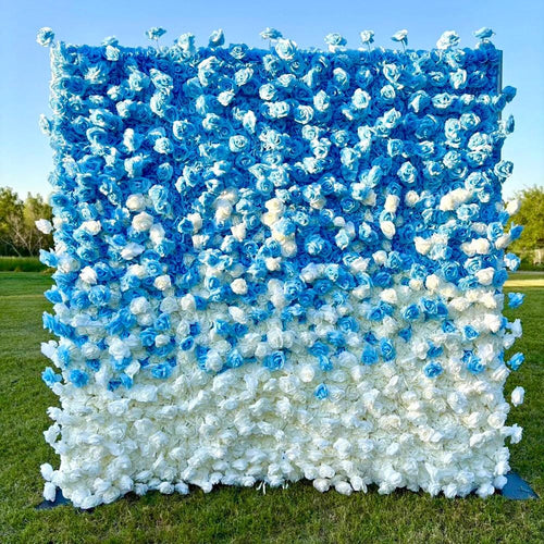 50% Off | Ships from Houston |5D Blue and White Rose Flower Wall  - Flower Wall Rolling Up Curtain Wall, Wedding Party Photo Backdrop