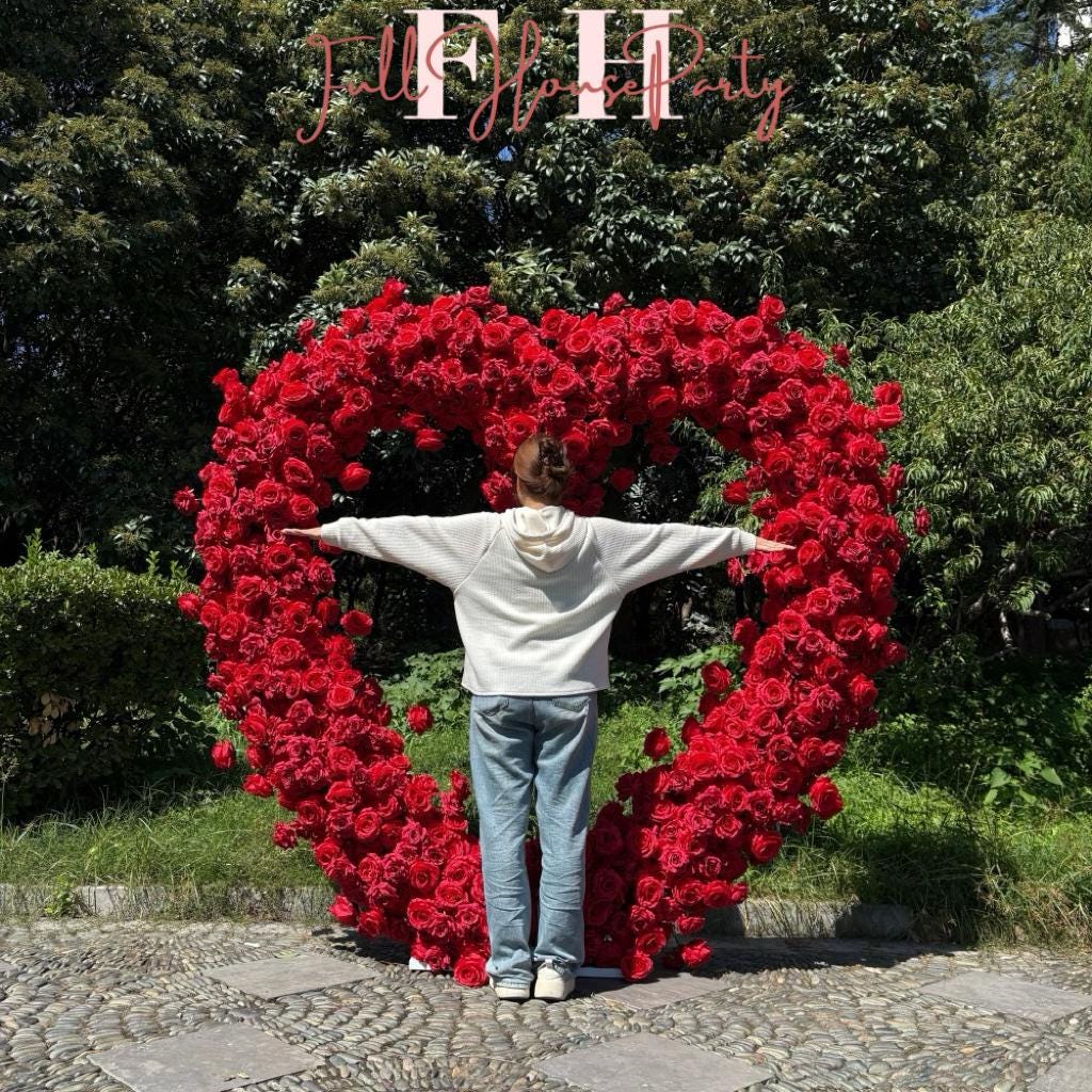 US Seller – 5D Red Heart-Shaped Floral Arch Backdrop(7.2×7.2 ft), Luxury Artificial Rose Wedding Arch, Proposal & Engagement Decoration