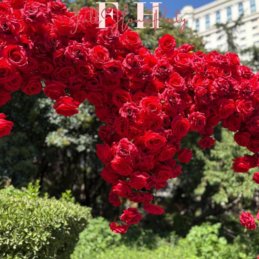 US Seller – 5D Red Heart-Shaped Floral Arch Backdrop(7.2×7.2 ft), Luxury Artificial Rose Wedding Arch, Proposal & Engagement Decoration