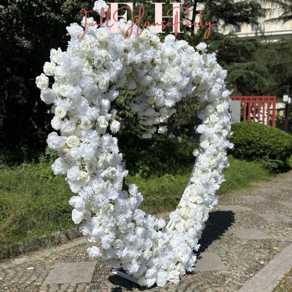 US Seller – 5D Luxury White Heart-Shaped Floral Arch, Romantic Wedding Backdrop, Proposal & Engagement Decoration, Love Arch (7.2 × 7.2 ft)
