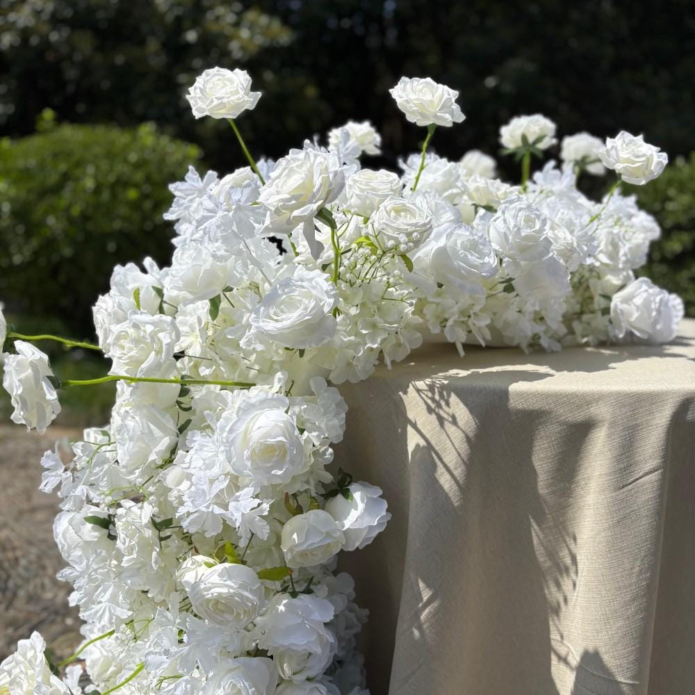 US Seller --White Flower Garland for Wedding Arch, Table Flower Runner, Wedding Centerpiece Table Runner, Flower Row for Wedding Aisle