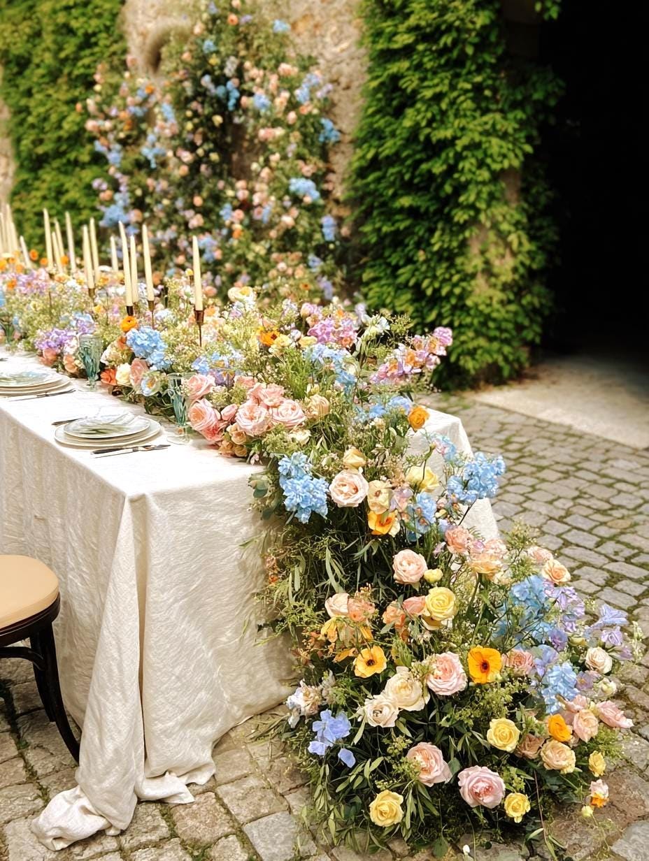 US Seller----Wildflower-Inspired Spring Wedding Artificial Floral, Table Flower Runner, Rustic Flower Row ,Flower Row for Wedding Aisle