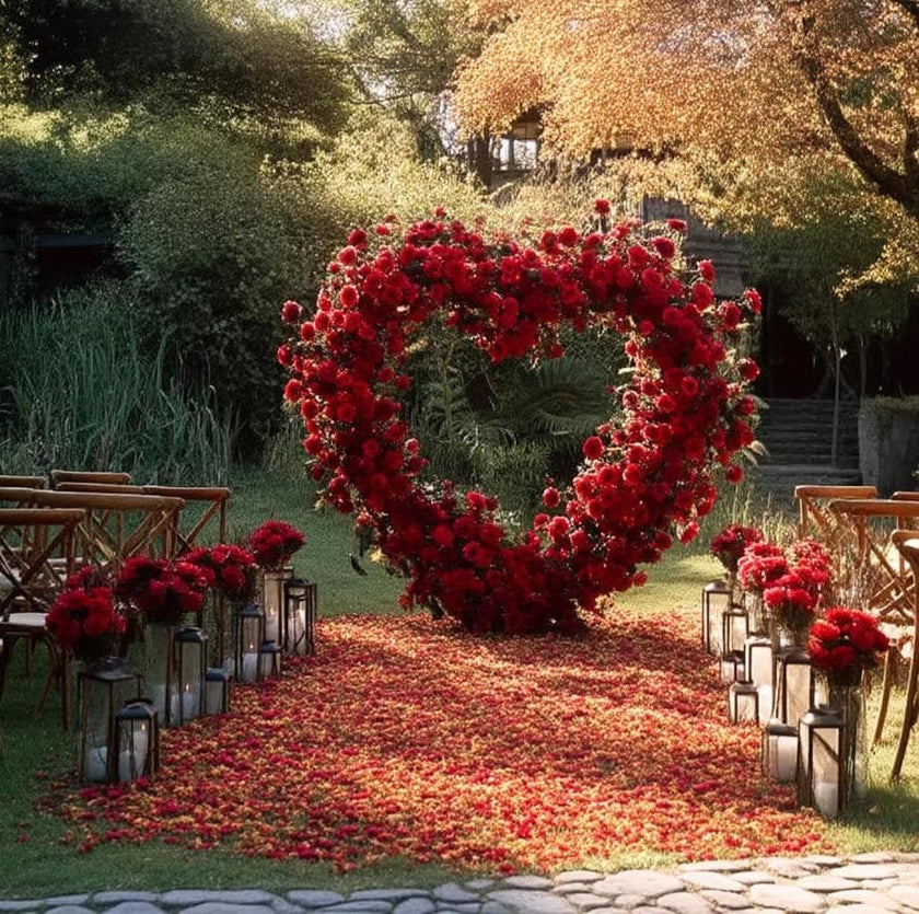 US Seller – 5D Red Heart-Shaped Floral Arch Backdrop(7.2×7.2 ft), Luxury Artificial Rose Wedding Arch, Proposal & Engagement Decoration
