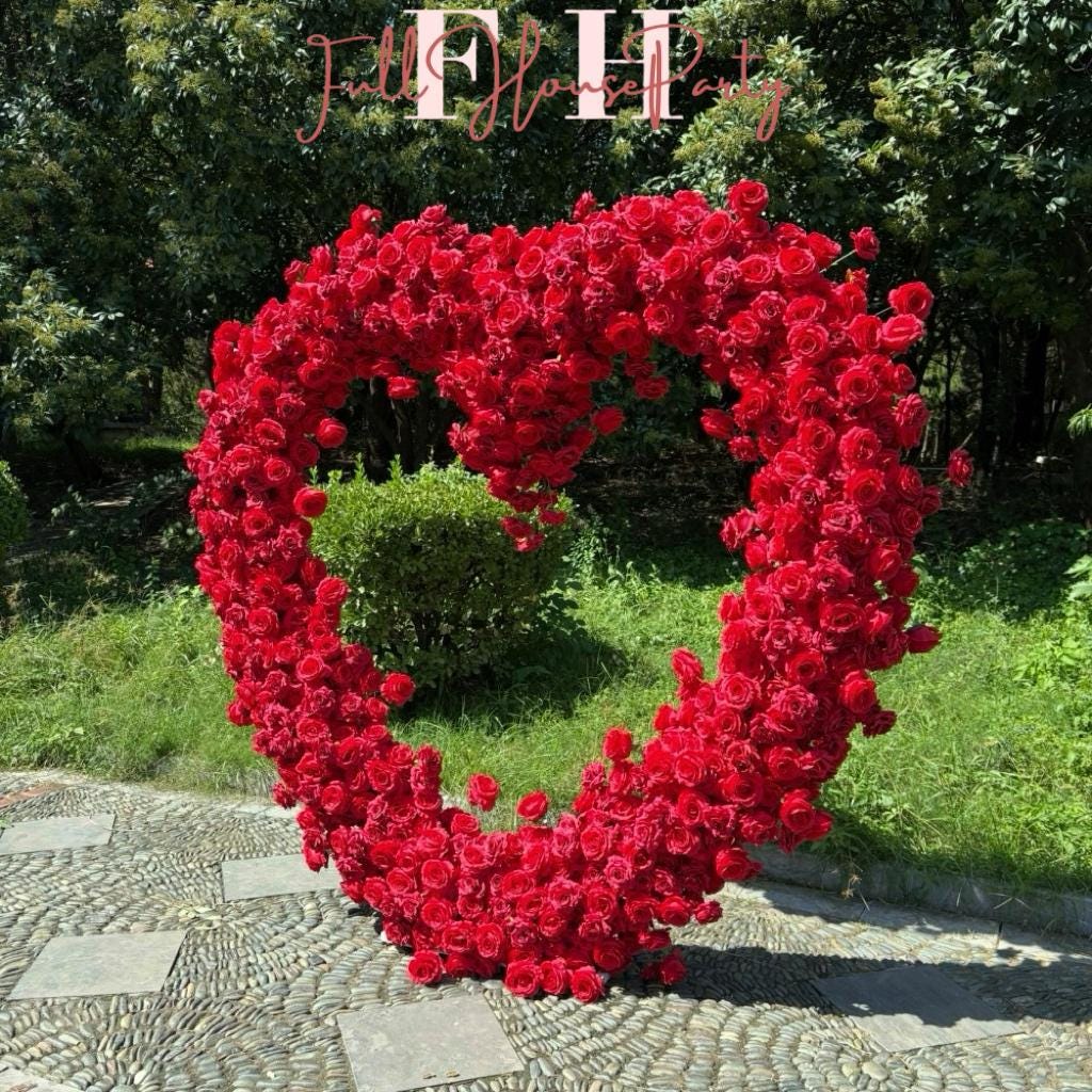 US Seller – 5D Red Heart-Shaped Floral Arch Backdrop(7.2×7.2 ft), Luxury Artificial Rose Wedding Arch, Proposal & Engagement Decoration