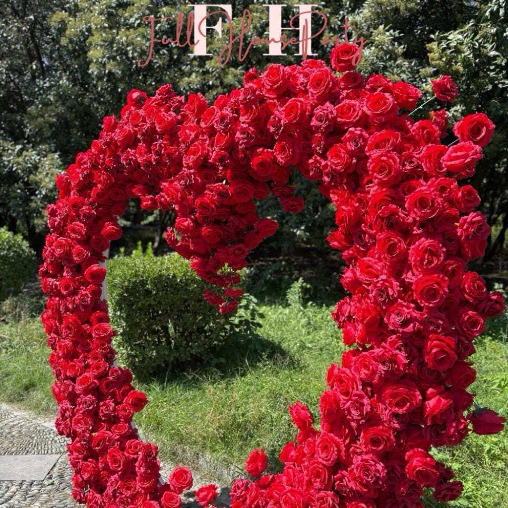 5D Red Heart-Shaped Floral Arch Backdrop(7.2×7.2 ft), Luxury Artificial Rose Wedding Arch, Proposal & Engagement Decoration