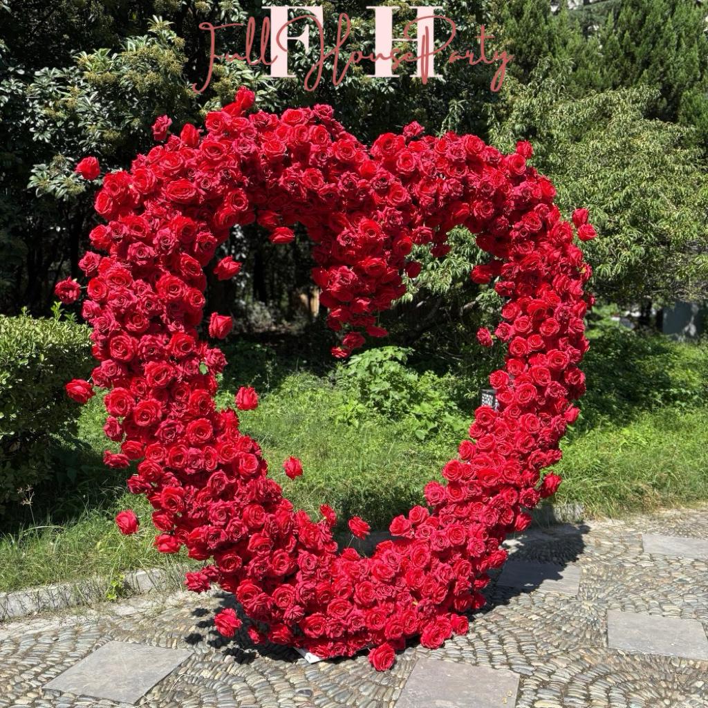 5D Red Heart-Shaped Floral Arch Backdrop(7.2×7.2 ft), Luxury Artificial Rose Wedding Arch, Proposal & Engagement Decoration
