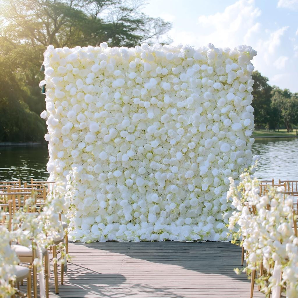 US Stock | Ships from USA |White Rose Flower Wall 8x8ft, Rolling Fabric Flower Wall Backdrop, Wedding Party Photo Booth Decor