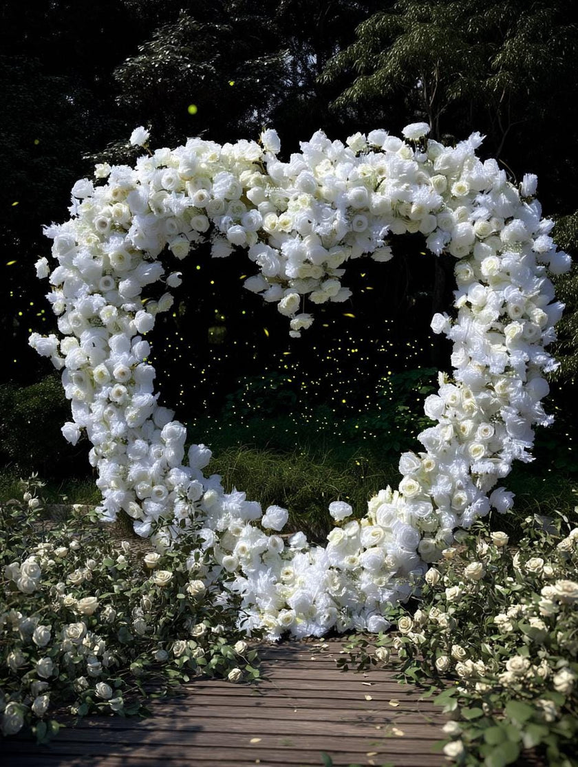 US Seller – 5D Luxury White Heart-Shaped Floral Arch, Romantic Wedding Backdrop, Proposal & Engagement Decoration, Love Arch (7.2 × 7.2 ft)