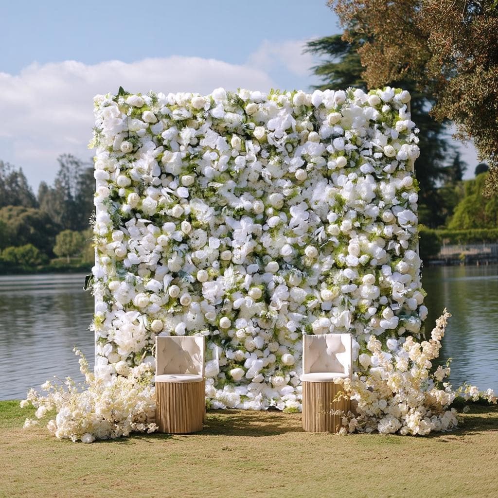 US Stock | Ships from USA | 5D White Rose Flower Wall 8x8ft, Fabric Flower Roller Curtain Backdrop, Wedding Party Photo Wall Decor