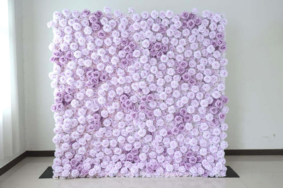 8x8ft Romantic Lilac Purple Flower Wall,Rolling Curtain Backdrop, Artificial Fabric Flower Wall for Weddings