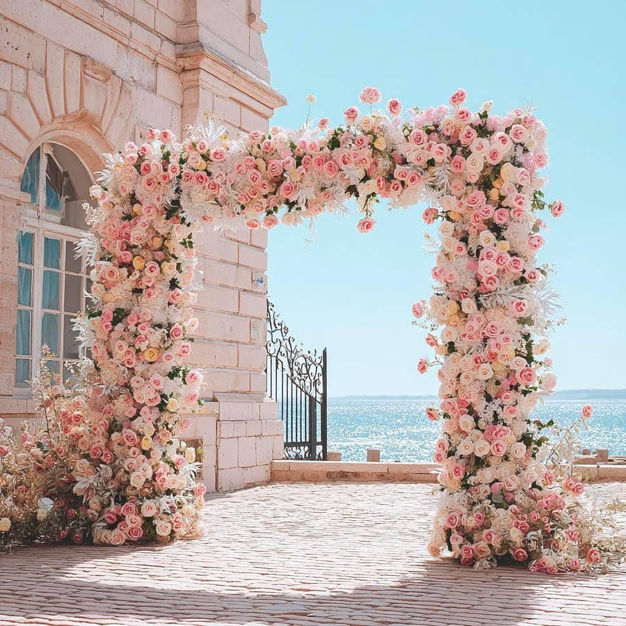 W8Ft x H8.53Ft Rollable Artificial Pink Rose Wedding Arch, Floral Archway Backdrop Decoration for Ceremony