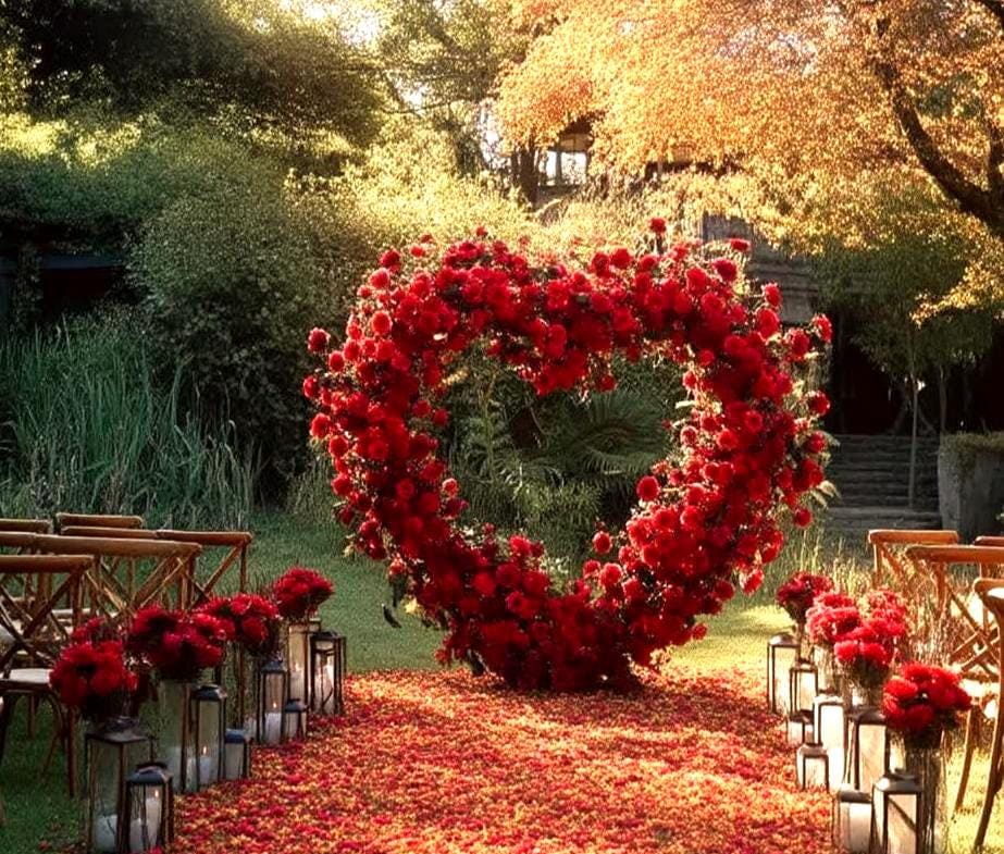Ships from USA/5D Red Heart-Shaped Floral Arch Backdrop(7.2×7.2 ft), Luxury Artificial Rose Wedding Arch, Proposal & Engagement Decoration