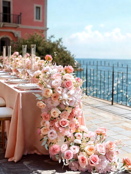 Ships from USA/Blush Pink Rose Wedding Arch Floral, Artificial Table Flower Runner, Rose Row Arrangement for Parties & Events