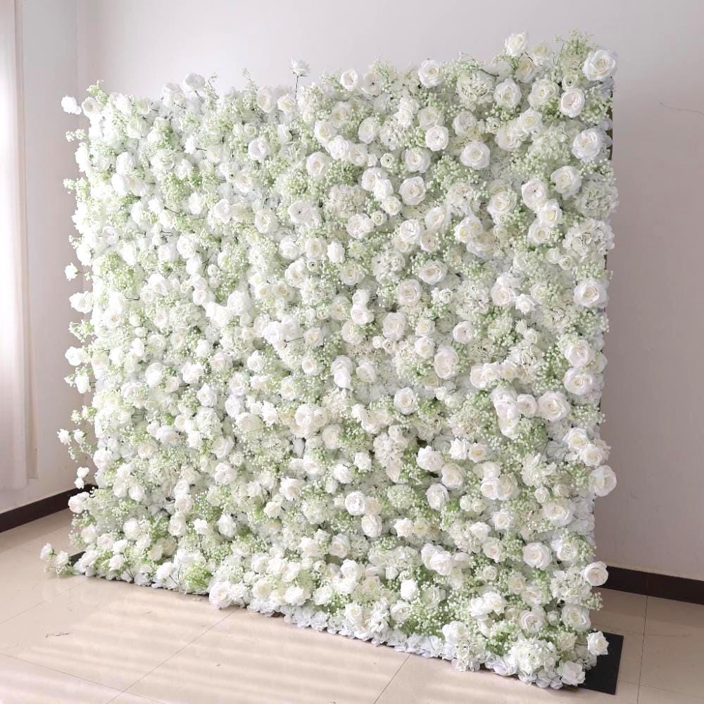 30% OFF |Ships from USA | 5D White Rose & Baby’s Breath Flower Wall 8x8ft, Fabric Roller Curtain Backdrop, Wedding Party Photo Wall Decor
