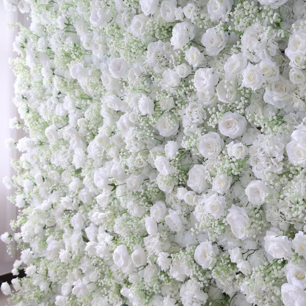 30% OFF |Ships from USA | 5D White Rose & Baby’s Breath Flower Wall 8x8ft, Fabric Roller Curtain Backdrop, Wedding Party Photo Wall Decor