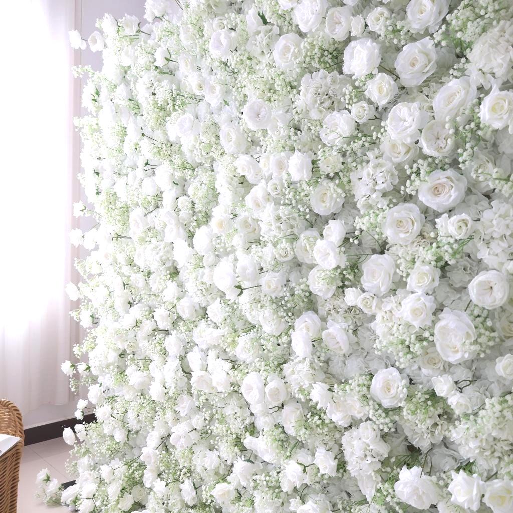 30% OFF |Ships from USA | 5D White Rose & Baby’s Breath Flower Wall 8x8ft, Fabric Roller Curtain Backdrop, Wedding Party Photo Wall Decor