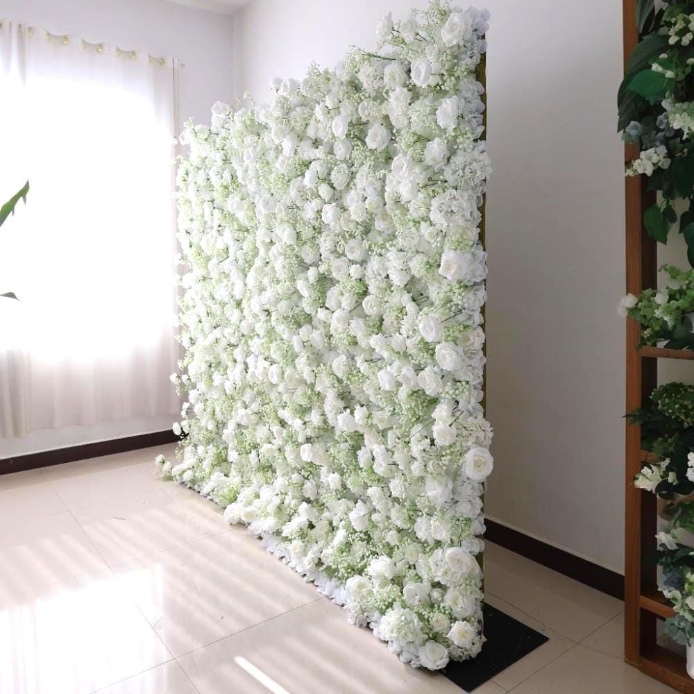 30% OFF |Ships from USA | 5D White Rose & Baby’s Breath Flower Wall 8x8ft, Fabric Roller Curtain Backdrop, Wedding Party Photo Wall Decor