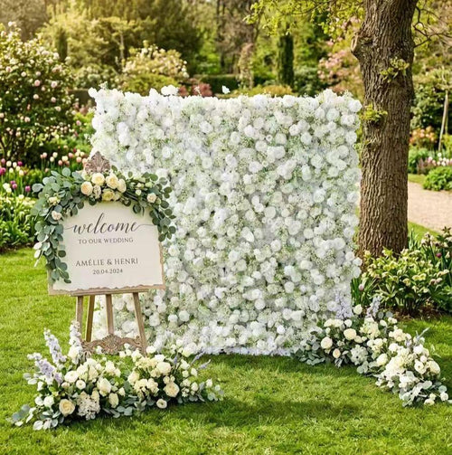 30% OFF |Ships from USA | 5D White Rose & Baby’s Breath Flower Wall 8x8ft, Fabric Roller Curtain Backdrop, Wedding Party Photo Wall Decor