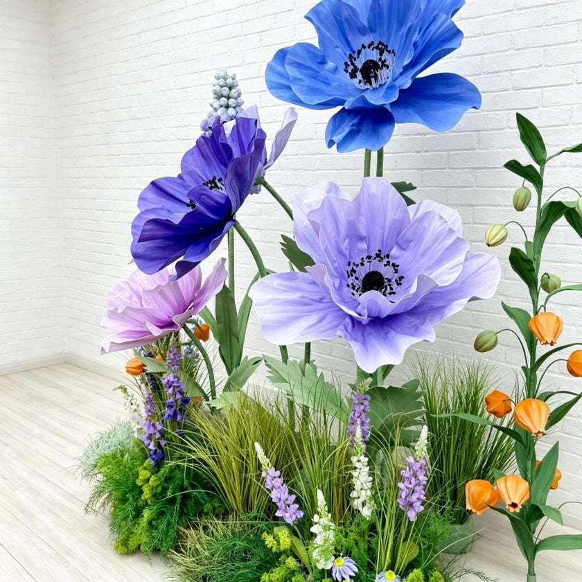 Giant Wildflower Garden Decor, 9 Oversized Garden Flowers with Ground Plants, Luxury Event Floral Display, Mall Decor