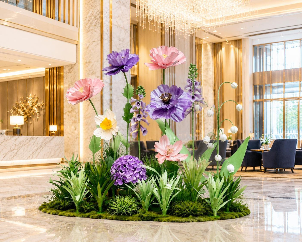 Waterproof Giant Purple Poppy, Hyacinth & Anemone Flower Display, Oversized Floral  for Luxury Boutique, Shopping Mall, Hotel Lobby  Events