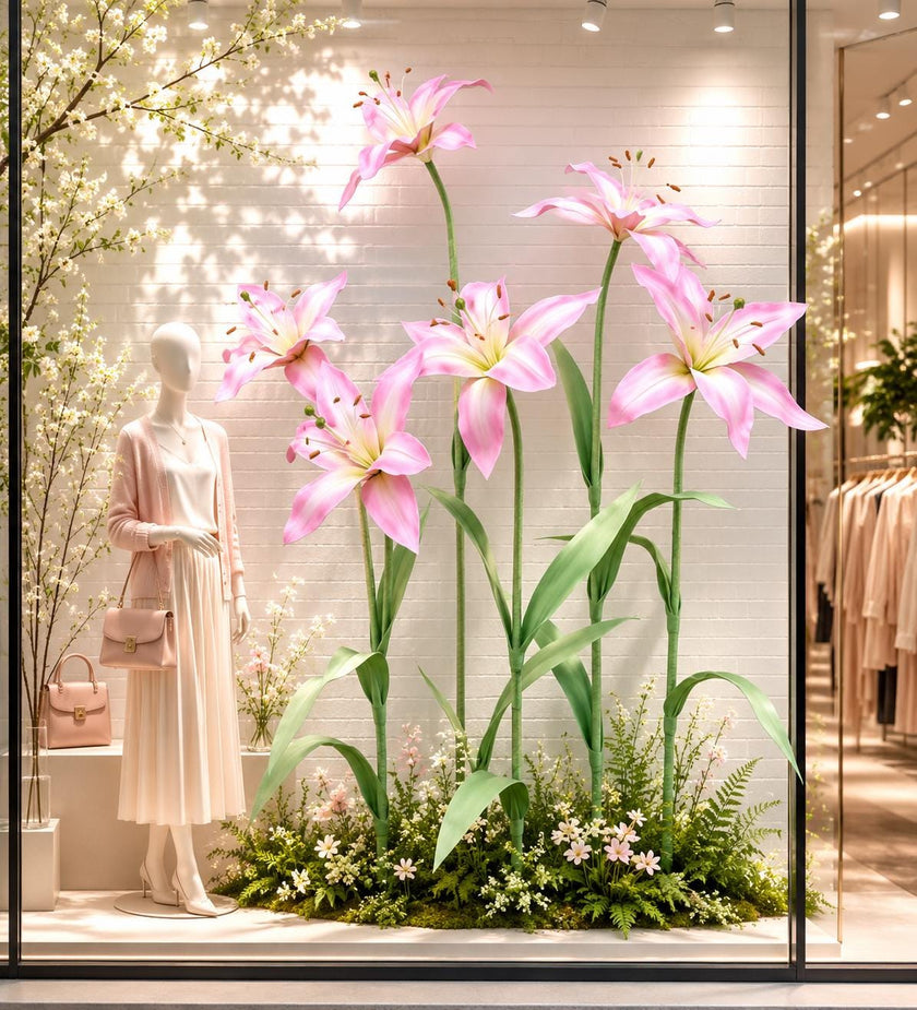 Waterproof EVA Giant Pink Lily Flowers, Oversized Floral Display for Luxury Boutique, Shopping Mall, Hotel Lobby, Wedding & Event Decor