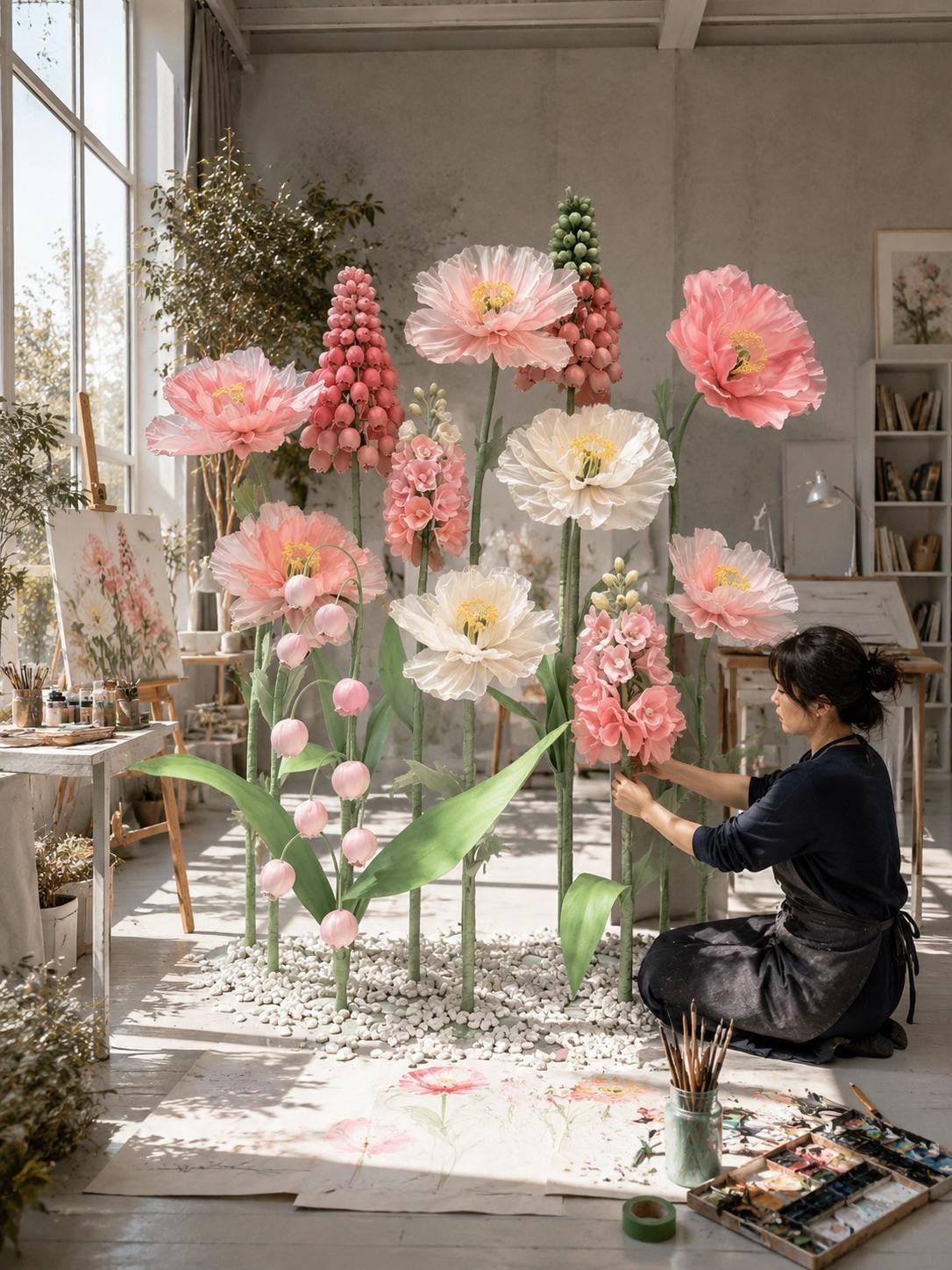 Waterproof EVA & Organza Giant Spring Flower Display, Oversized Floral Installation for Luxury Boutique, Shopping Mall, Hotel Event Decor
